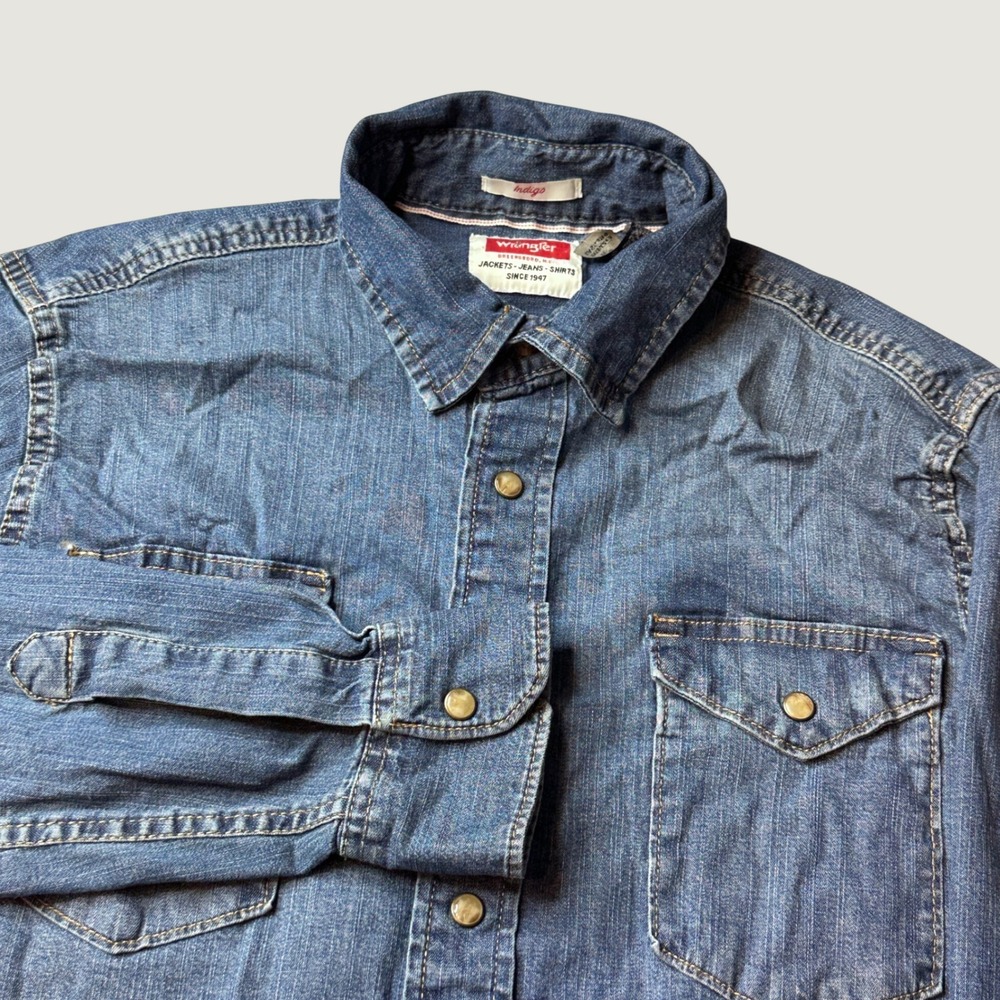 Wrangler Shirt Mens Small Indigo Blue Western Pearl Snap Denim Stretch Workwear